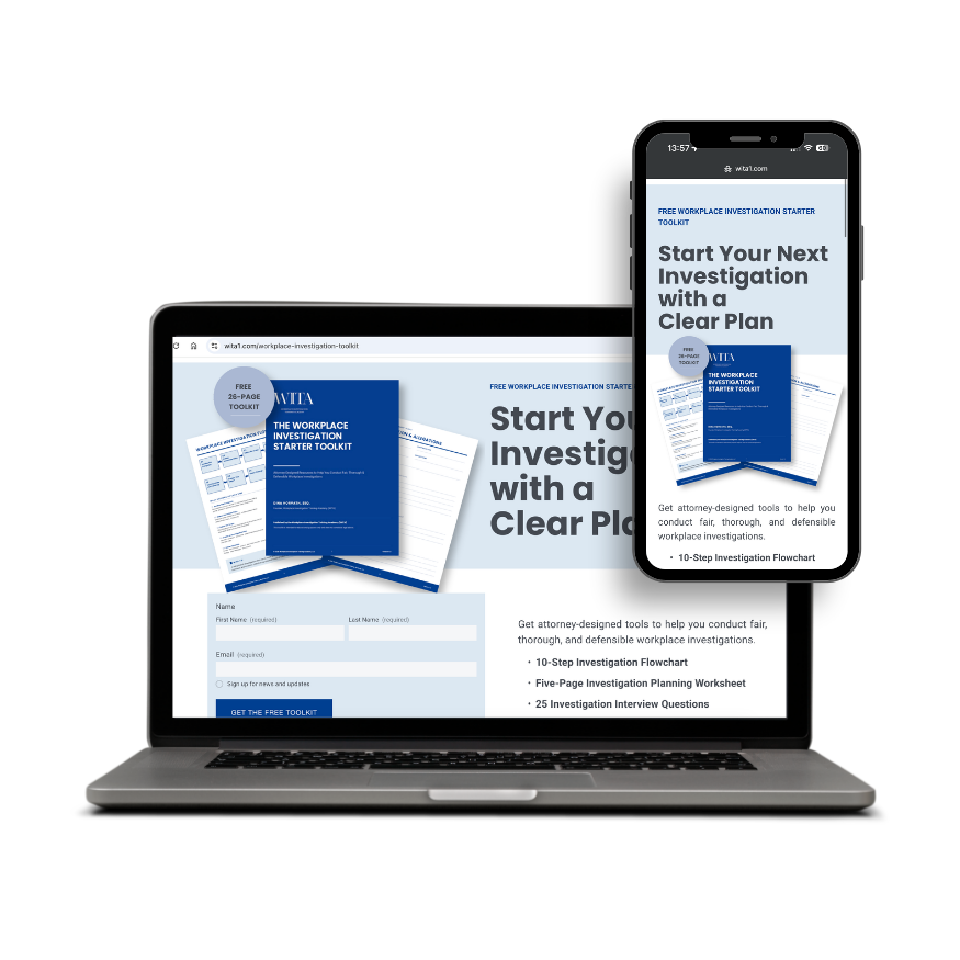 Workplace Investigation Starter Toolkit landing page shown on laptop and mobile screens.
