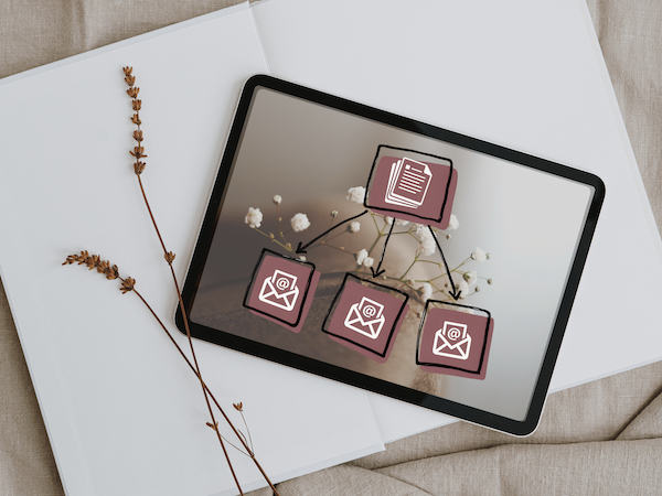 Digital systems mockup showing connected documents and automated emails on a tablet.