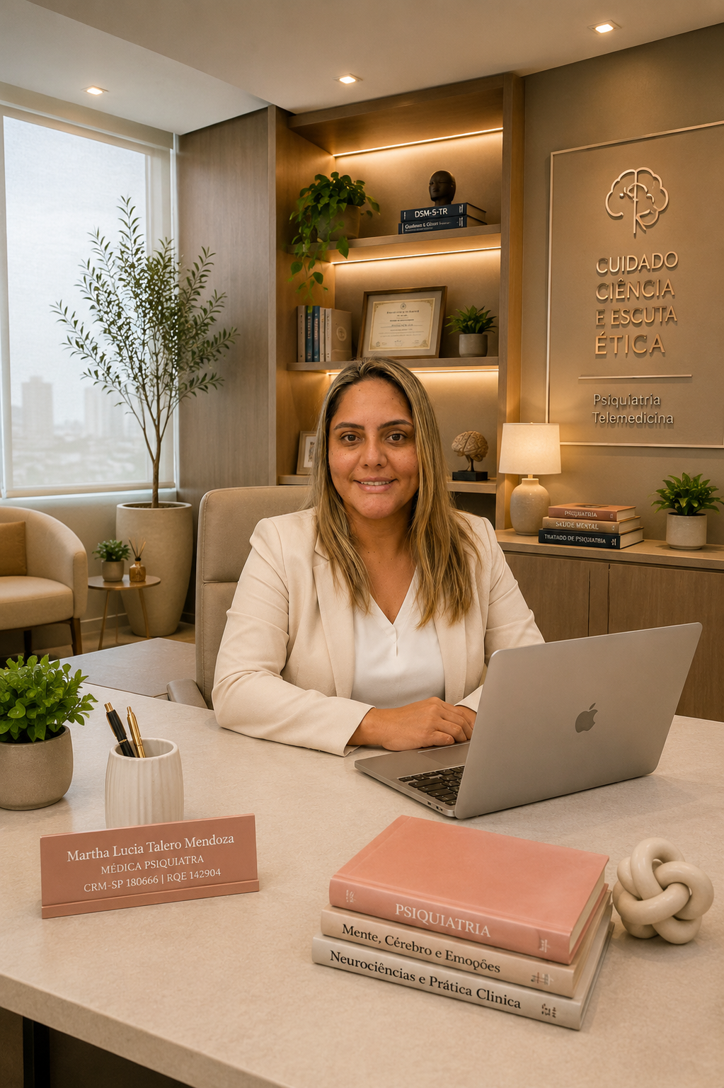 Dra. Martha Lucia Talero Mendoza em consultório de psiquiatria, durante atendimento por telemedicina, com notebook e ambiente profissional.