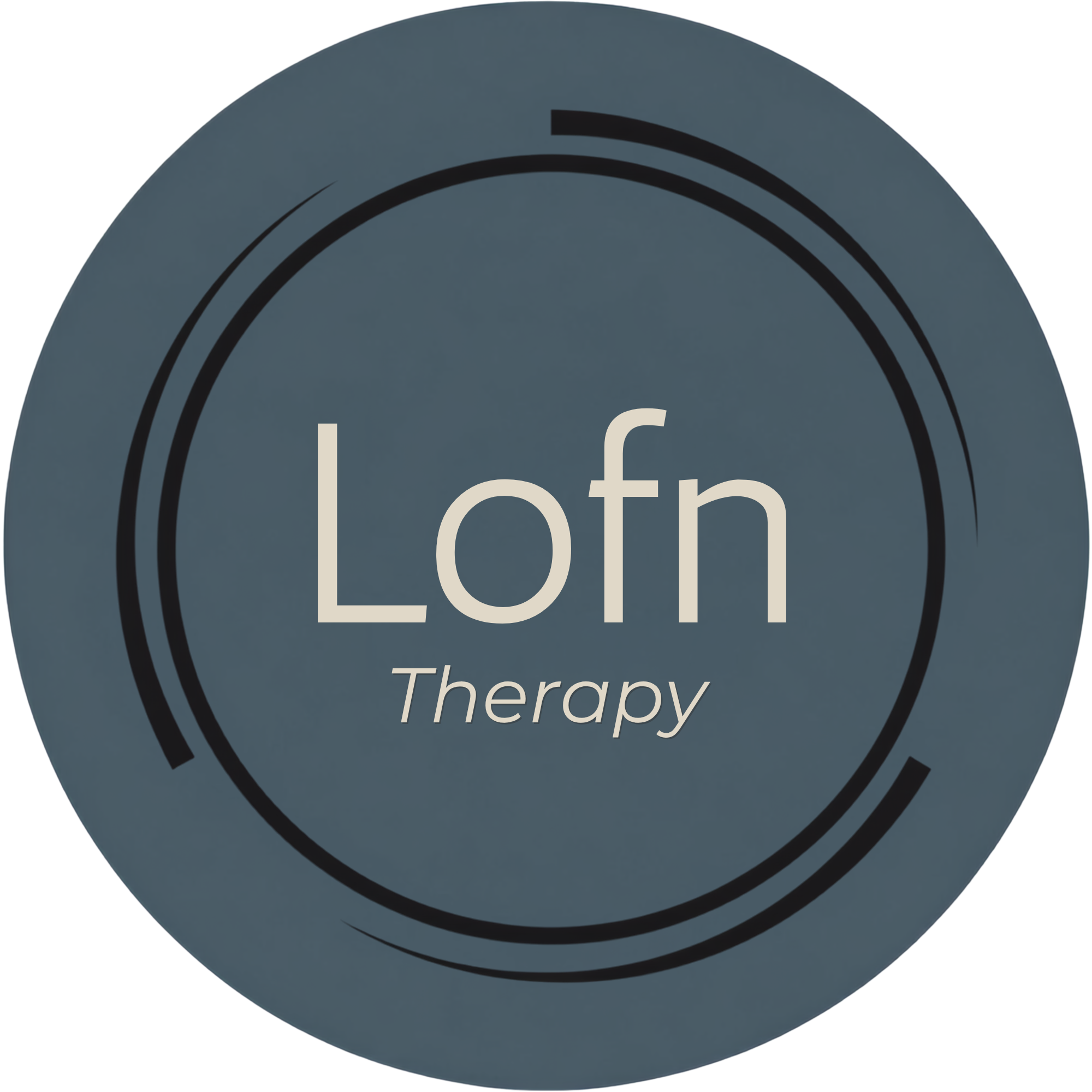 Close-up of a sign or badge reading 'Lofn Therapy' in white letters on a circular navy background.