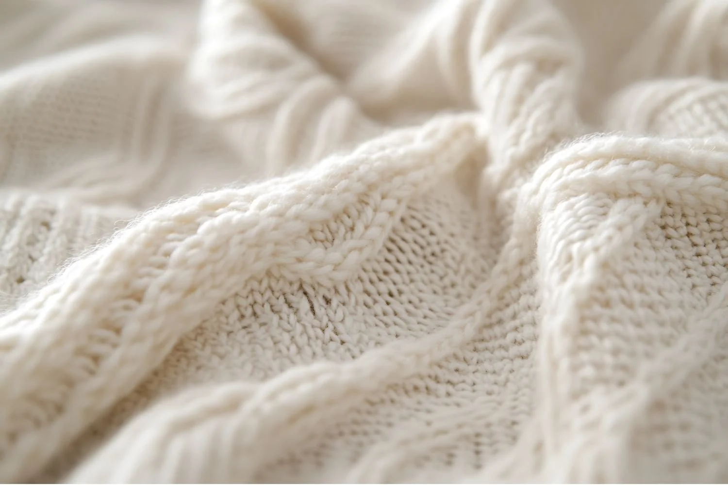 Close-up of cream-colored, knitted fabric with textured patterns and ribbed edges.