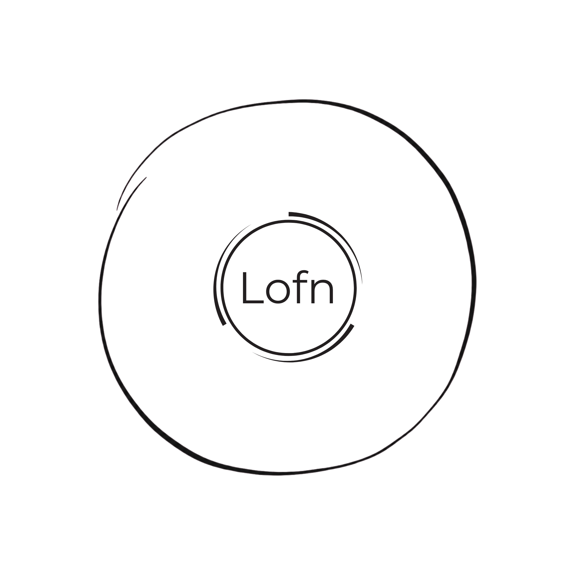 Close-up of a black eyeglasses lens with a circular frame, featuring the words 'Lofn' in the center