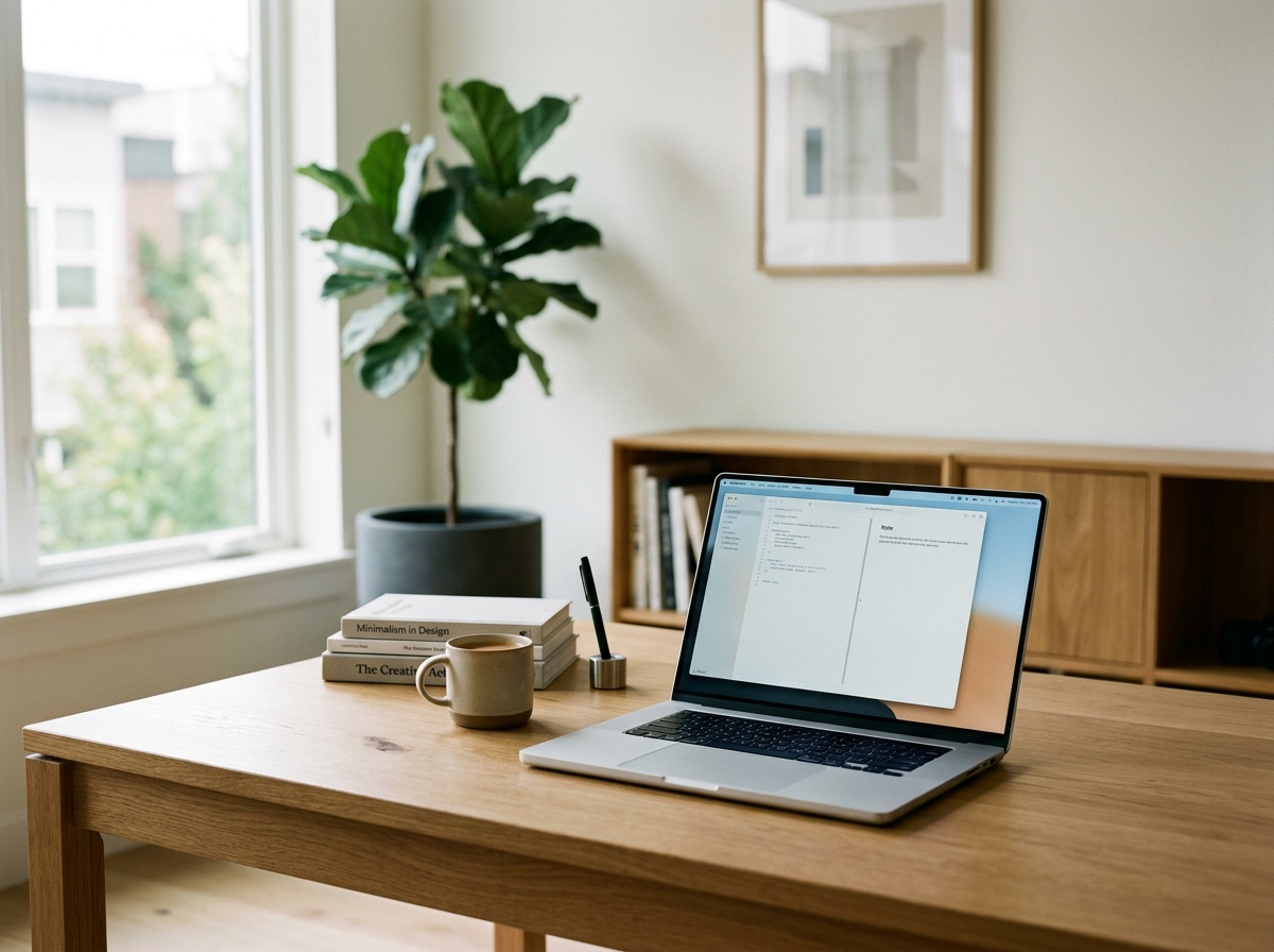 Therapist office with a wooden desk, open laptop, cup, stack of books, and potted plant near a window.