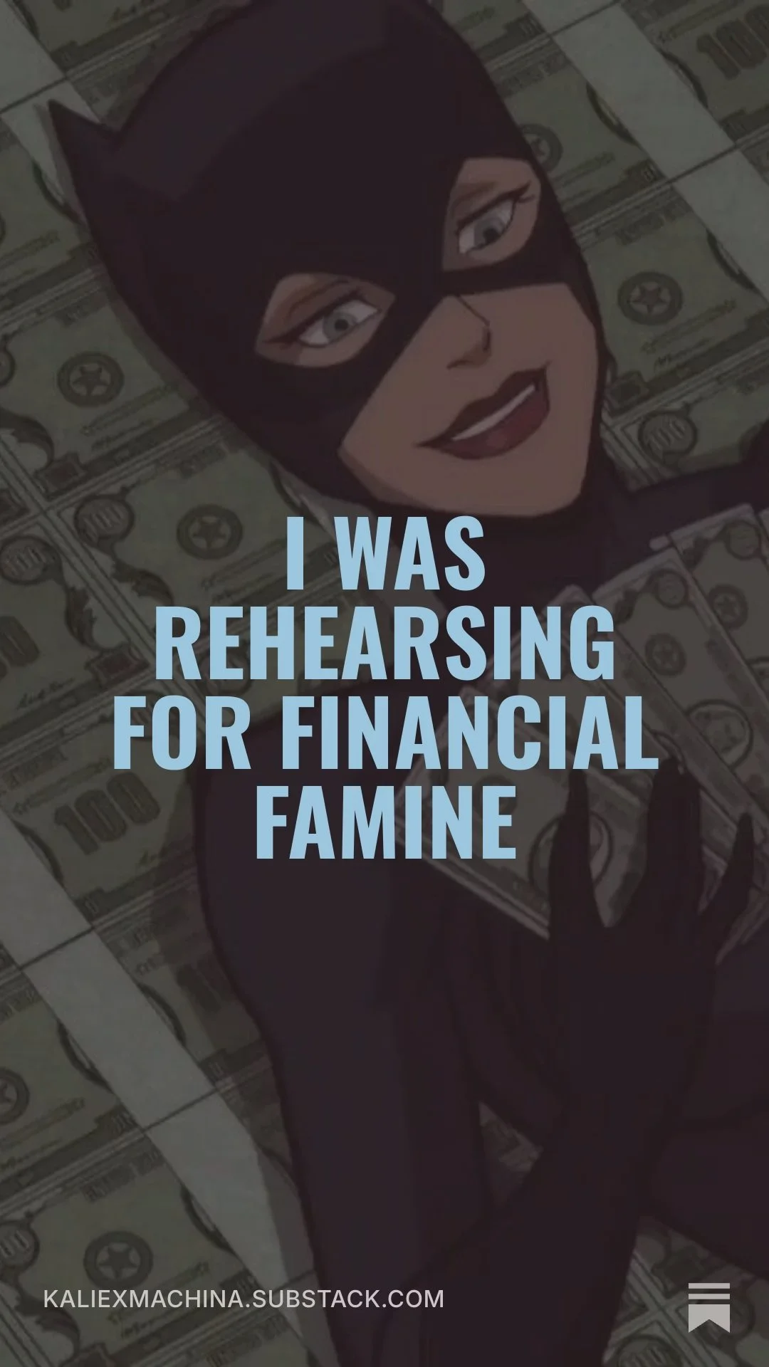 A cartoon character in a cat costume lying on a bed of hundred-dollar bills, with a caption reading 'I was rehearsing for financial famine' and a website link at the bottom.
