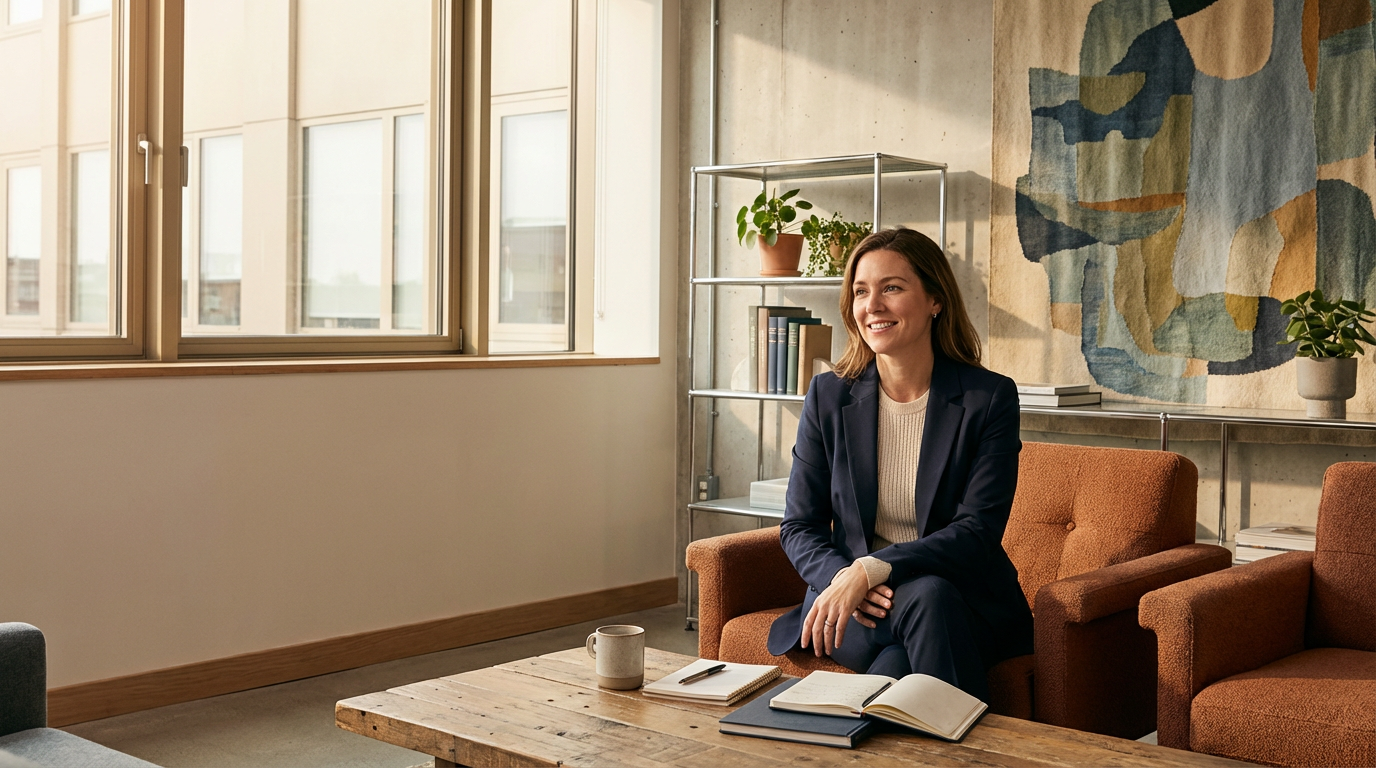 Woman sitting on an orange couch in a well-lit office, smiling, with a wooden coffee table holding a mug, notebooks, and a pen, behind her a bookshelf and a patterned wall hanging.