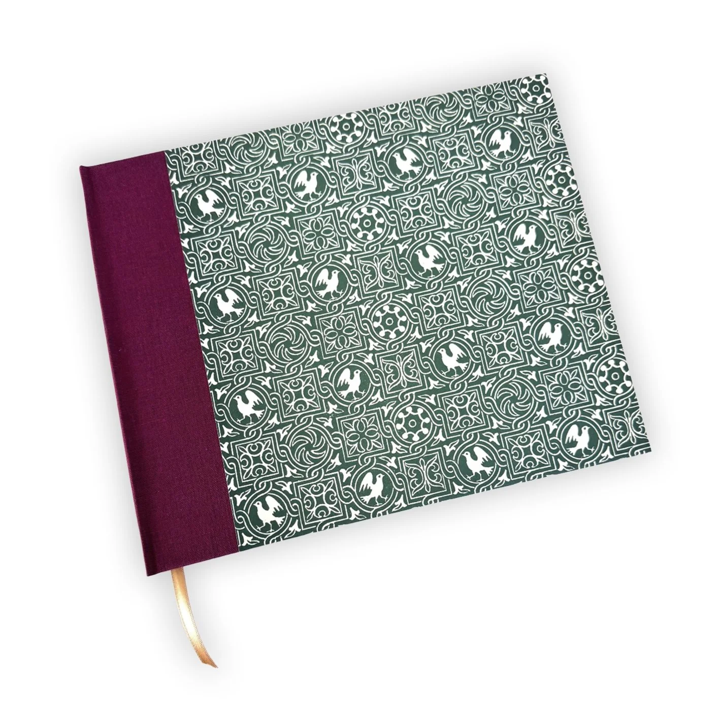 Landscape guest book in green mosaic and burgundy