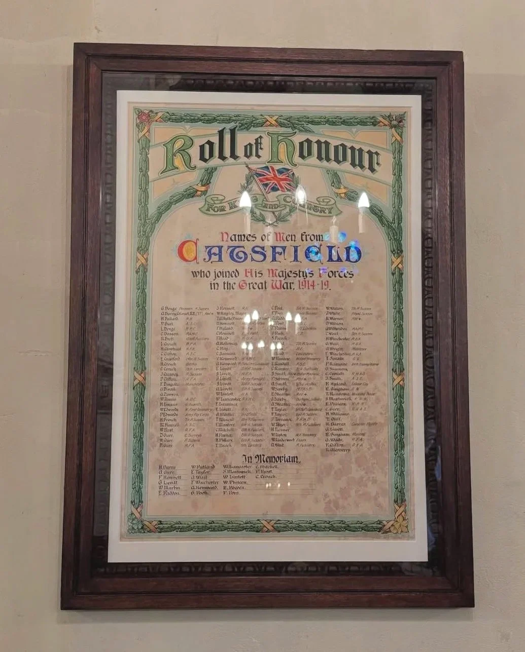 Framed historical document titled 'Roll of Honour' listing names of men from Chasetown who joined the King's Forces during the Great War 1914-1919.