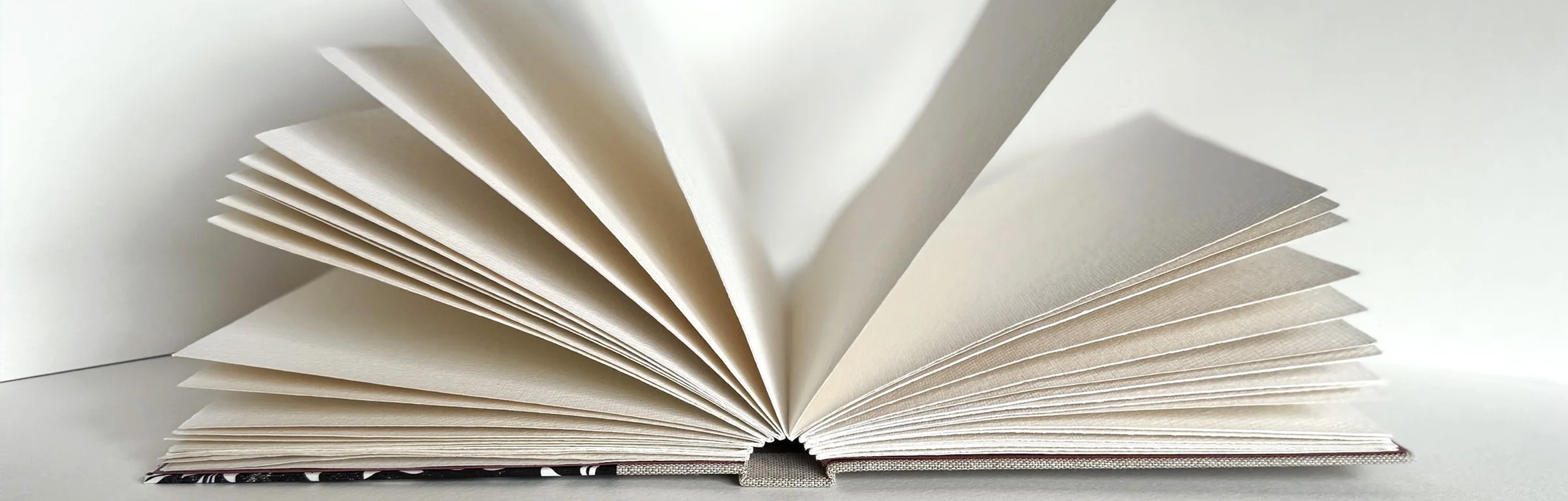 Open beige hardcover book with pages fanned out on white background.