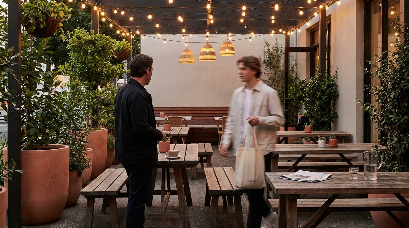 Two men conversing at an outdoor cafe with string lights hanging overhead, potted plants on the sides, and tables with cups, glasses, and a newspaper.
