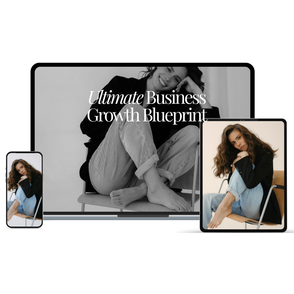 Website displaying a woman sitting on a chair with her legs crossed, smiling, with the title "Ultimate Business Growth Blueprint" on a laptop screen. The same woman appears on a phone and tablet, sitting in a similar pose, in color photos.
