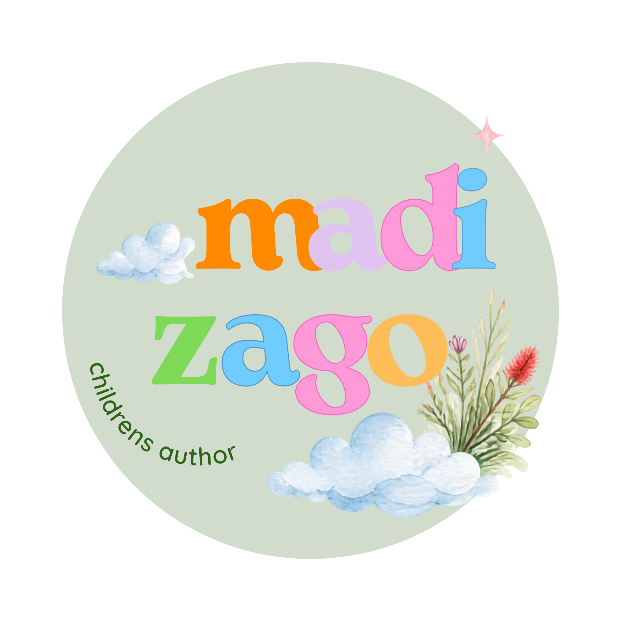 Colorful animated text saying "Mardi" with decorative flowers and clouds on a green background.