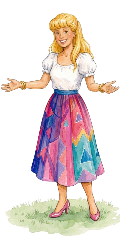 A cheerful blonde woman wearing a white puff-sleeve blouse, a colorful geometric-patterned midi skirt, pink high heels, and gold bracelets, standing outdoors on grass with her arms open in a welcoming gesture.