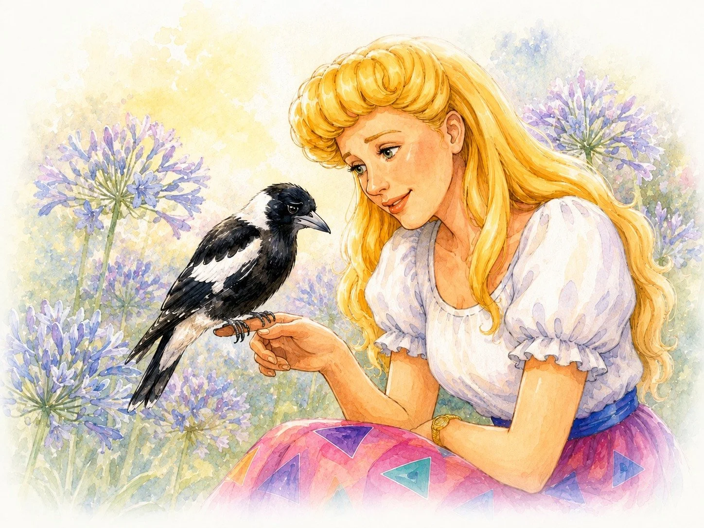 An illustrated woman with long curly blonde hair, wearing a white blouse and a colorful skirt, sitting outdoors among purple flowers, gently holding a black and white bird on her finger, both gazing at each other.