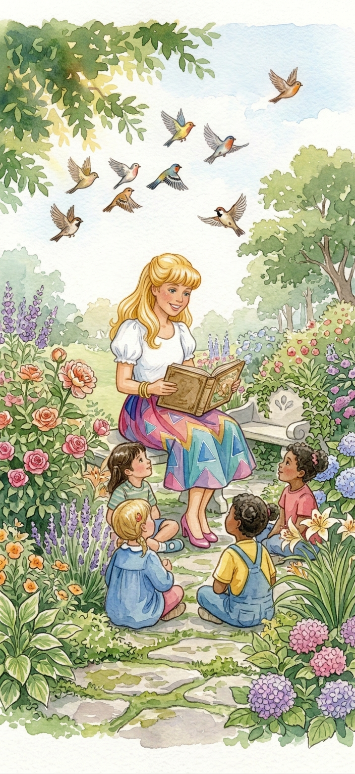 A woman reading a book to four children sitting outdoors in a lush garden surrounded by colorful flowers, with birds flying in the sky above.