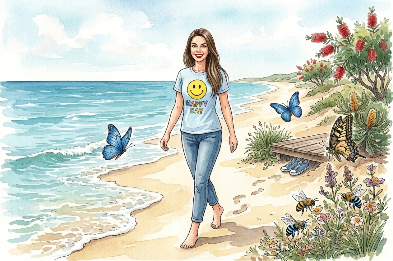 Illustration of a woman walking barefoot on a sandy beach near the ocean, wearing a light blue T-shirt with a big yellow smiley face and the words 'HAPPY DAY,' with butterflies, bees, colorful flowers, and green plants around, and a wooden platform with shoes nearby.