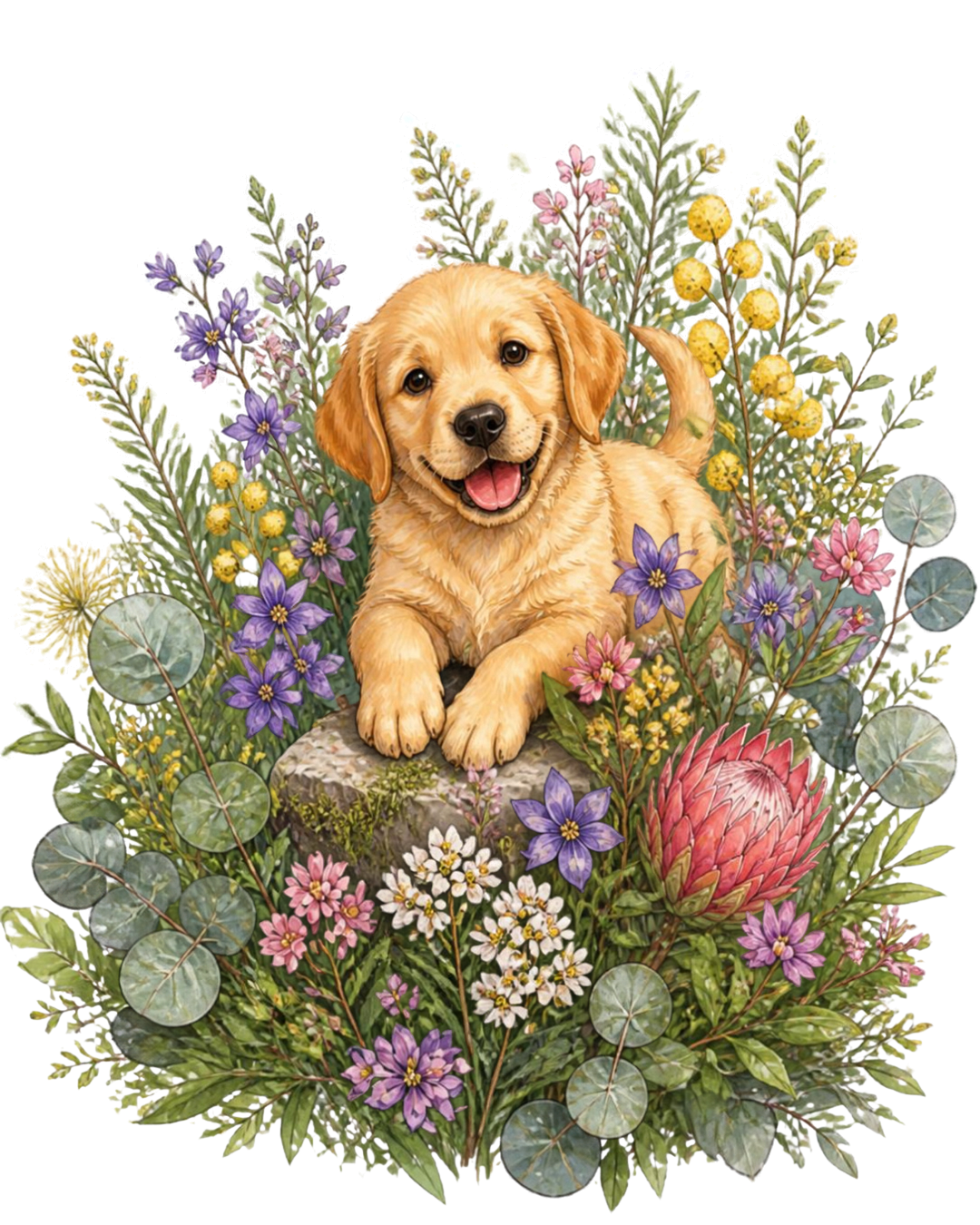 Cute golden retriever puppy lying on a rock surrounded by colorful flowers and green foliage.