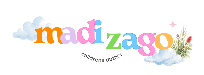 Colourful graphic design with clouds, flowers, and the text 'madi zago' in bright, pastel colours.