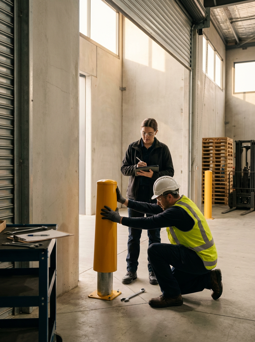 A male worker in a yellow safety vest and white hard hat installing a yellow safety bollard while a female supervisor or inspector observes and takes notes in an industrial warehouse.