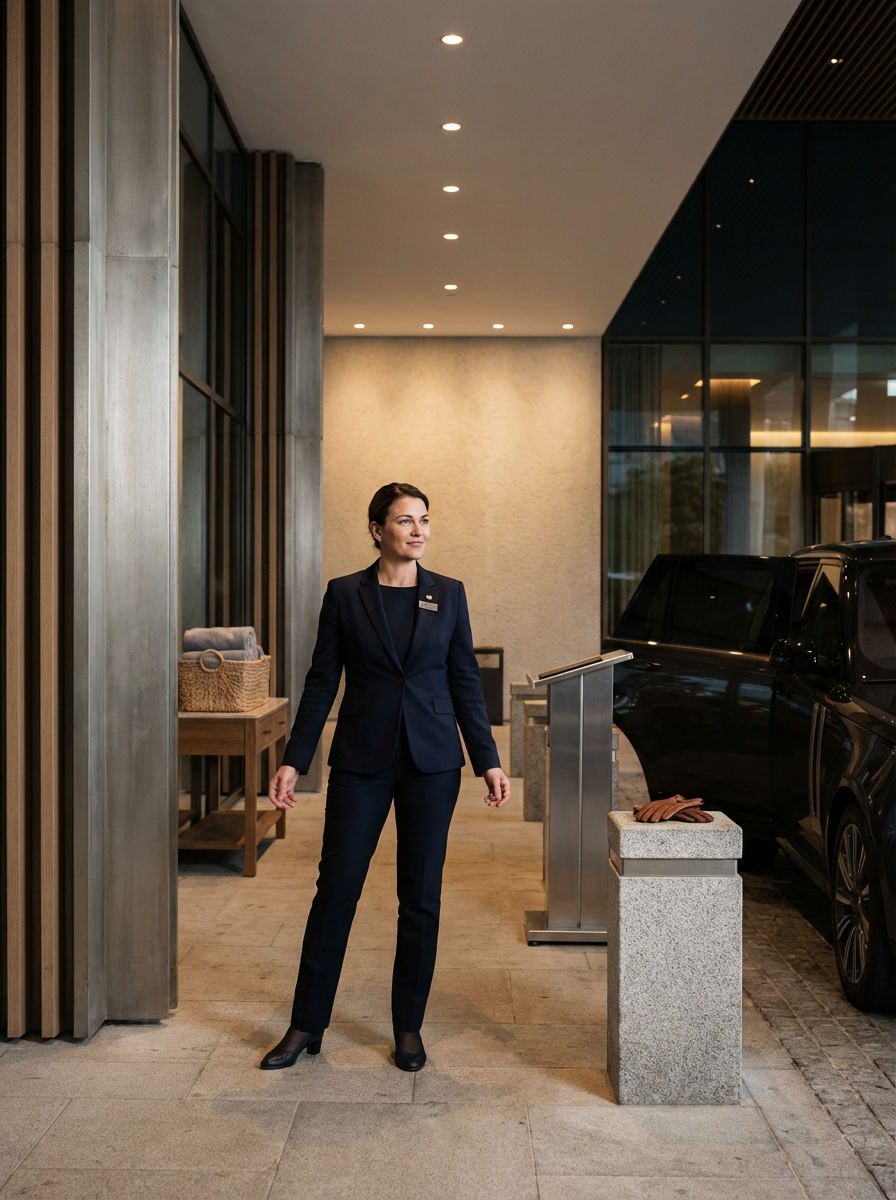 A woman in a navy business suit standing outside a modern building with a black car parked nearby.
