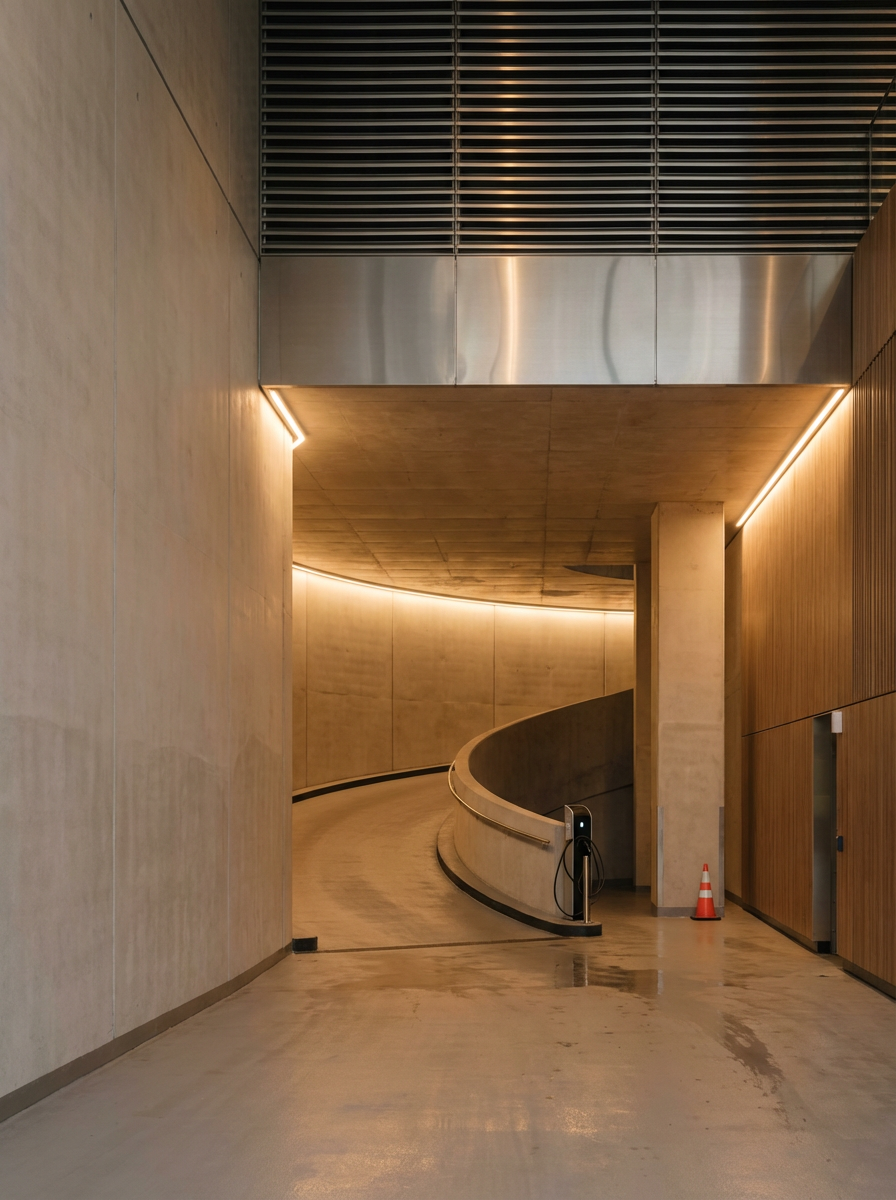 Empty modern hallway with curved wooden wall, beige flooring, and warm lighting, featuring an electric vehicle charging station and a small orange traffic cone.