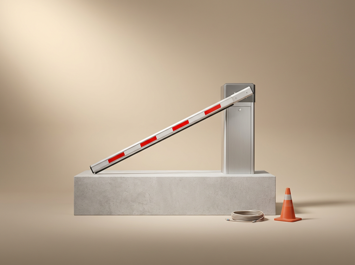 Automated parking gate arm raised, with an orange traffic cone and a coiled cable on the floor beside it.