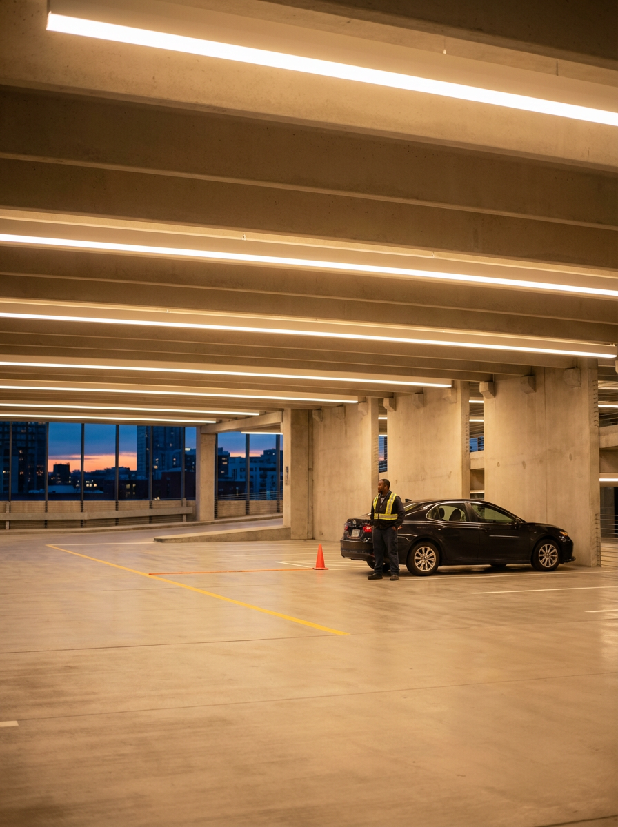 A parking garage with a person wearing a safety vest standing next to a black car. The garage is illuminated with bright horizontal lights on the ceiling, and large windows reveal a cityscape at sunset in the background.