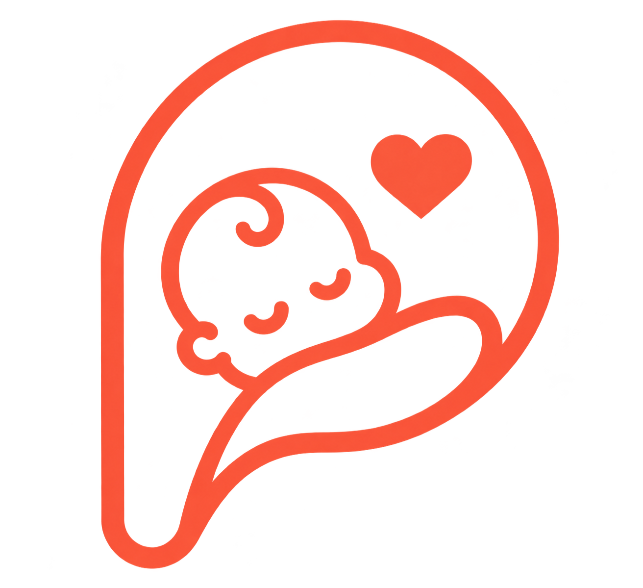 A stylized red line drawing of a baby with a heart above it, enclosed within a speech bubble outline.