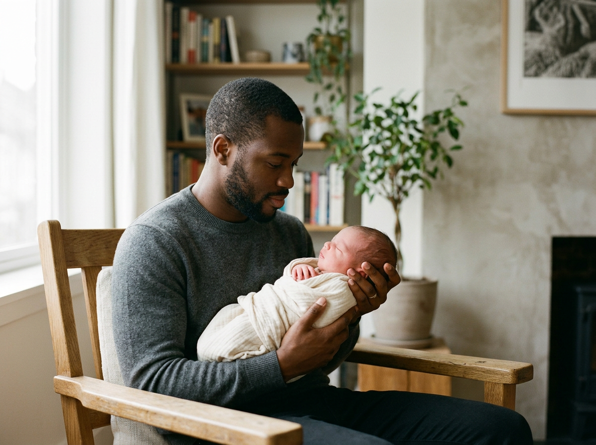 A man sitting on a wooden chair holding a newborn baby wrapped in a blanket, looking at the baby affectionately in a cozy living room.