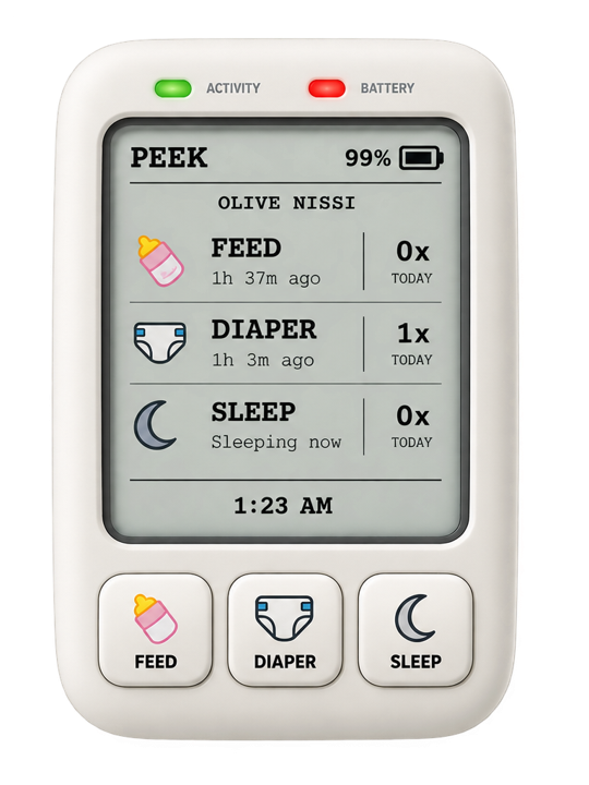 Digital baby monitor showing activity, battery level, and logs for feed, diaper change, and sleep.