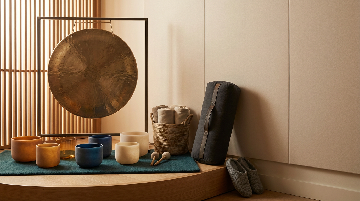 Decorative zen meditation setup with singing bowls, gong, mats, and slippers in a cozy room.