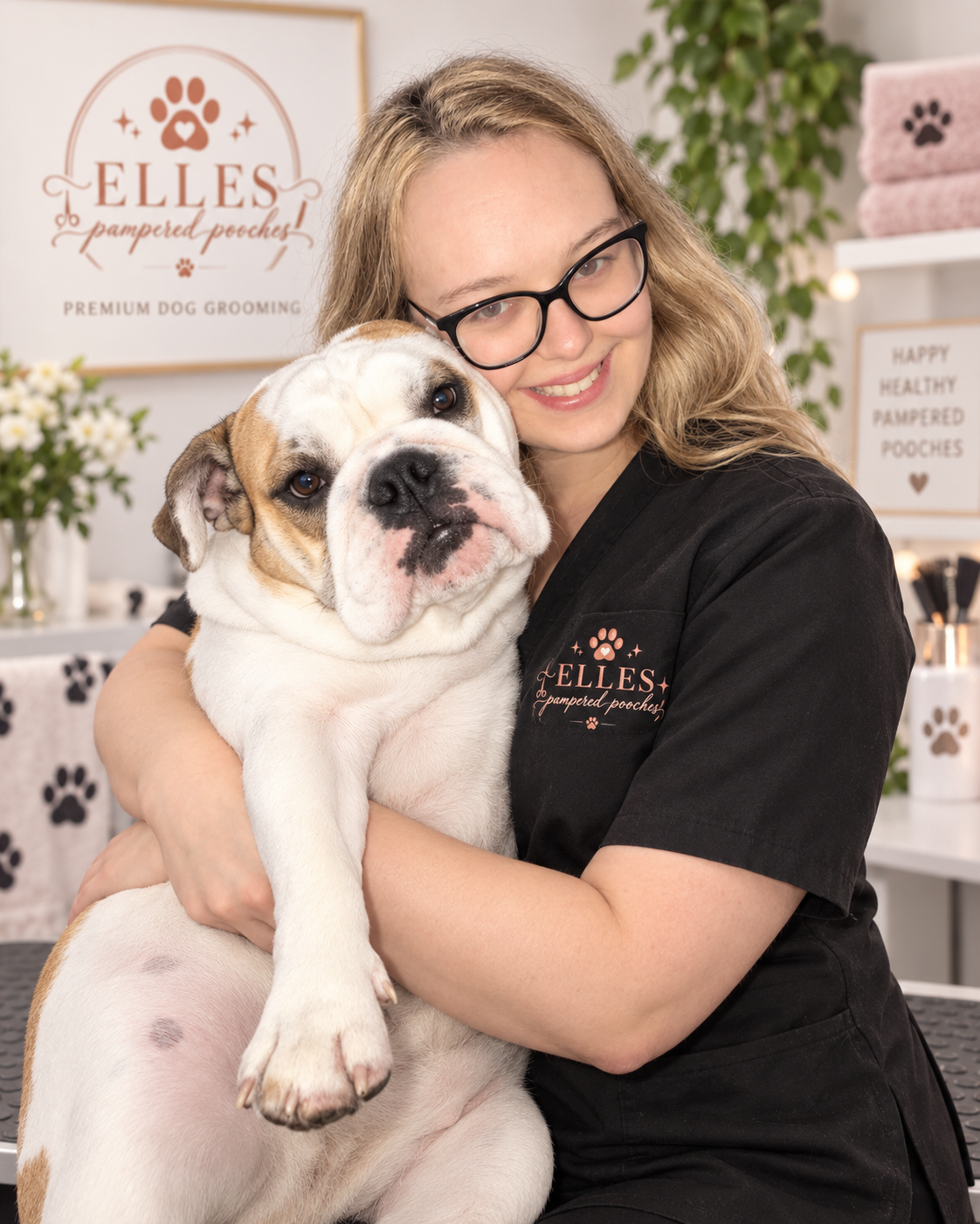 A woman with glasses and a black uniform holding an English Bulldog puppy at a groomer's shop. Signs and decor in the background include grooming-related messages and paw print designs.