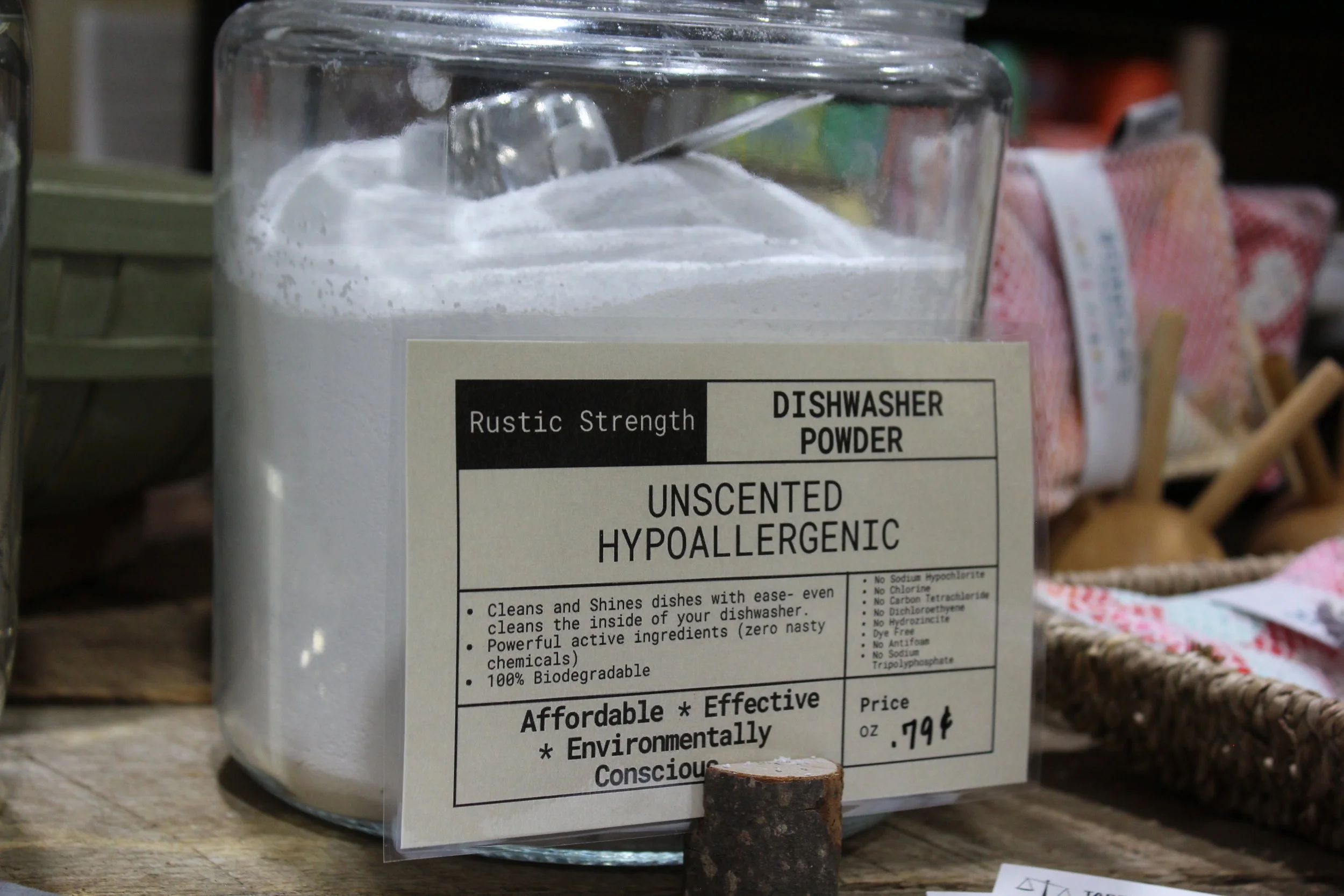 Dishwasher Powder, unscented, hypoallergenic, biodegradable, and environmentally conscious.