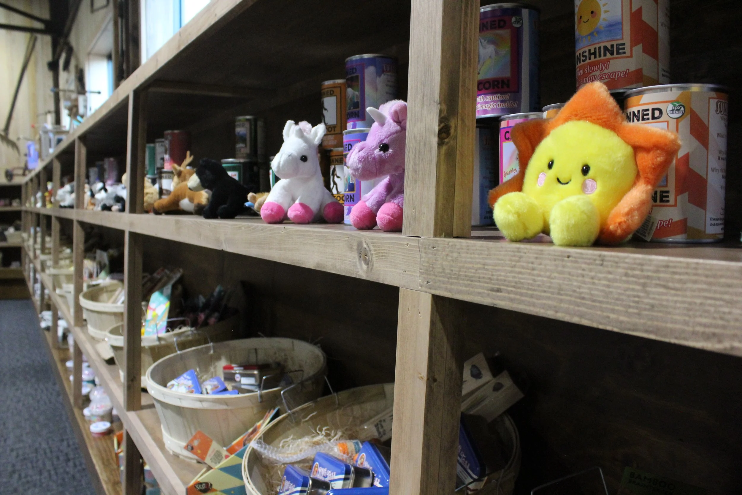 Wooden shelves displaying a variety of plush toys including unicorns, a lion, and other stuffed animals, along with a large variety of childrens toys.