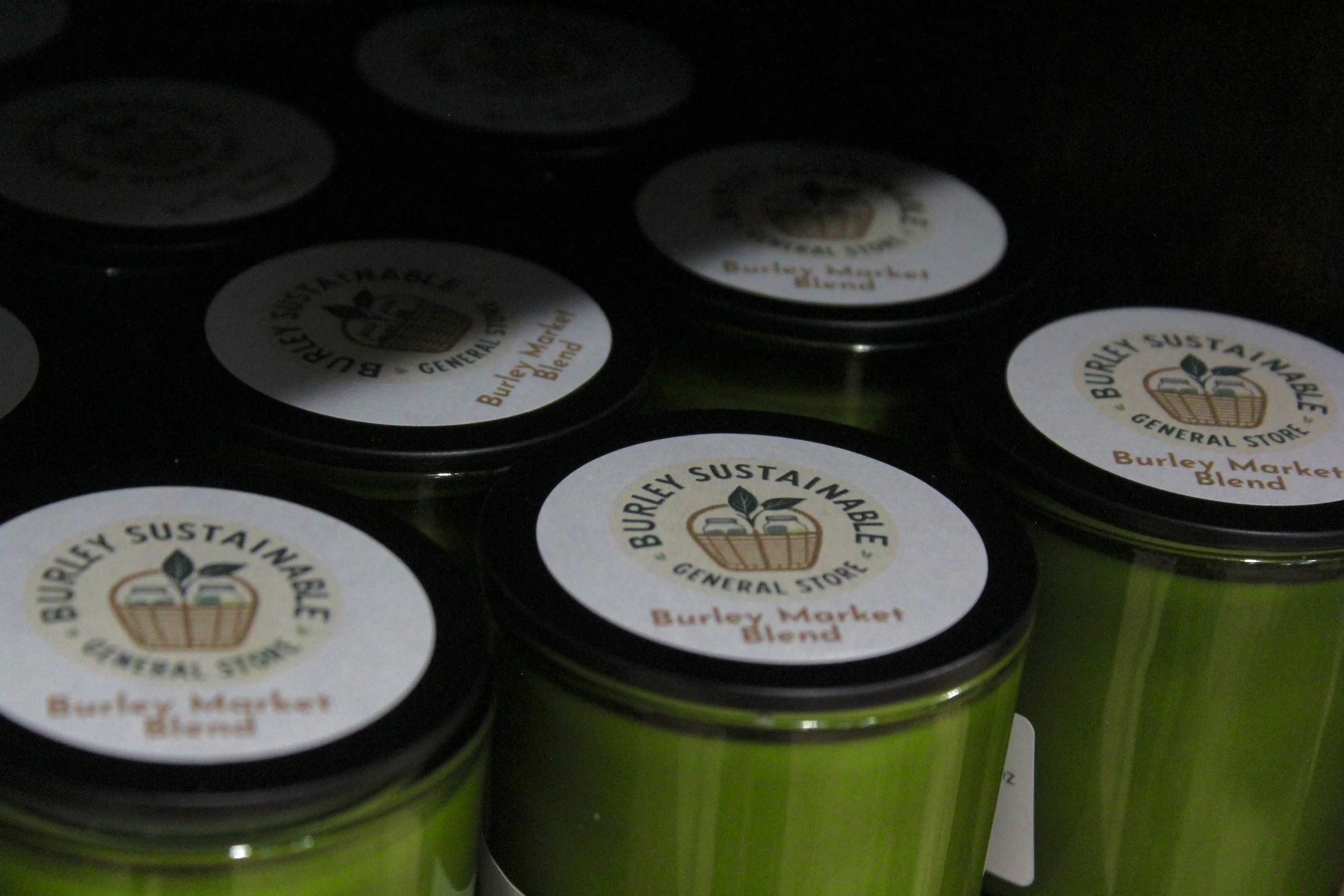 Organic chemical-free candles "Burley's Sustainable" and "Burley Market Blend." 