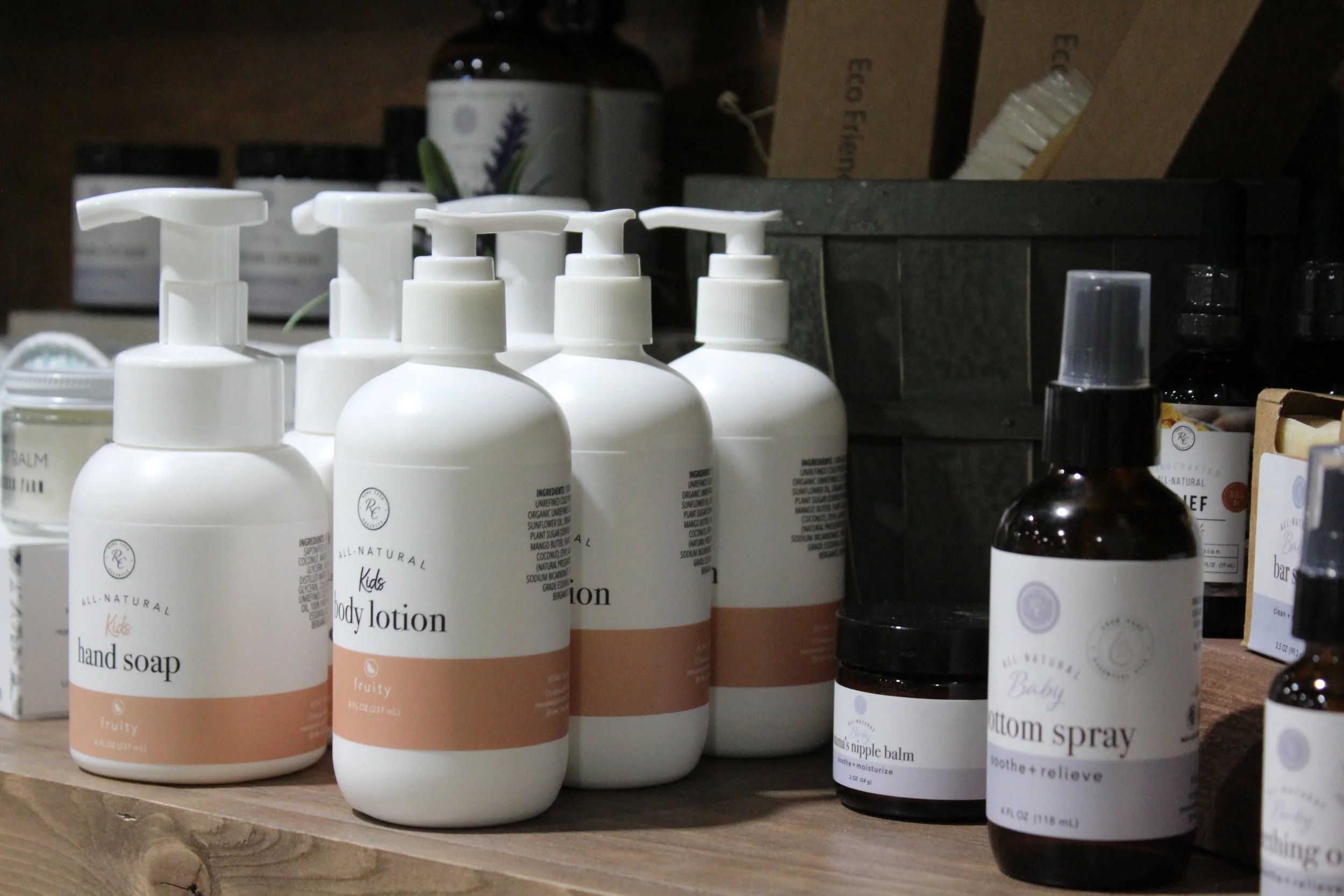 All natural baby and childrens body lotion, soap, and spray.