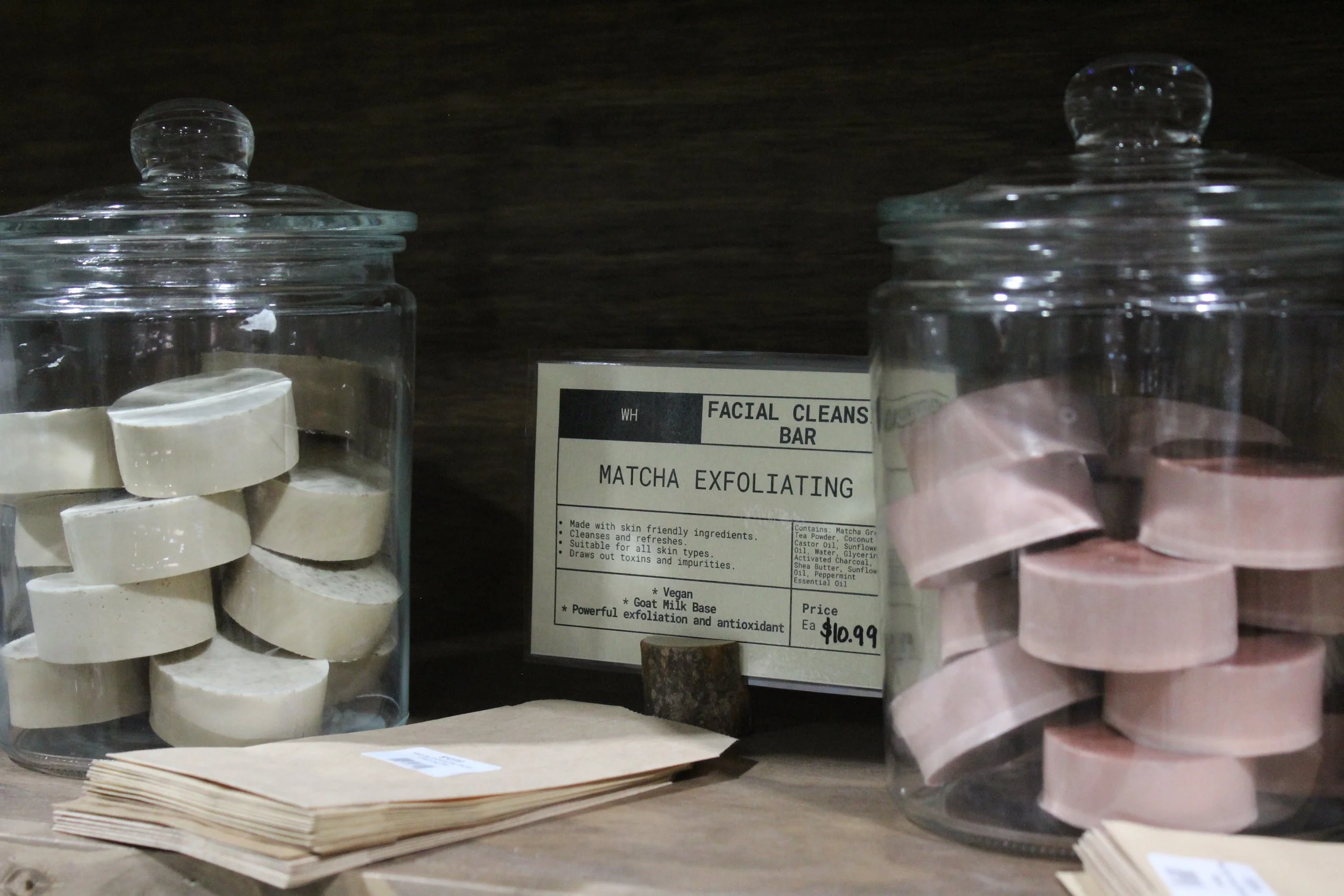 Orgnaic sustainable facial cleansing bars, matcha exfoliating, and other skincare products at Burley Sustainable General Store in West Jefferson, NC.