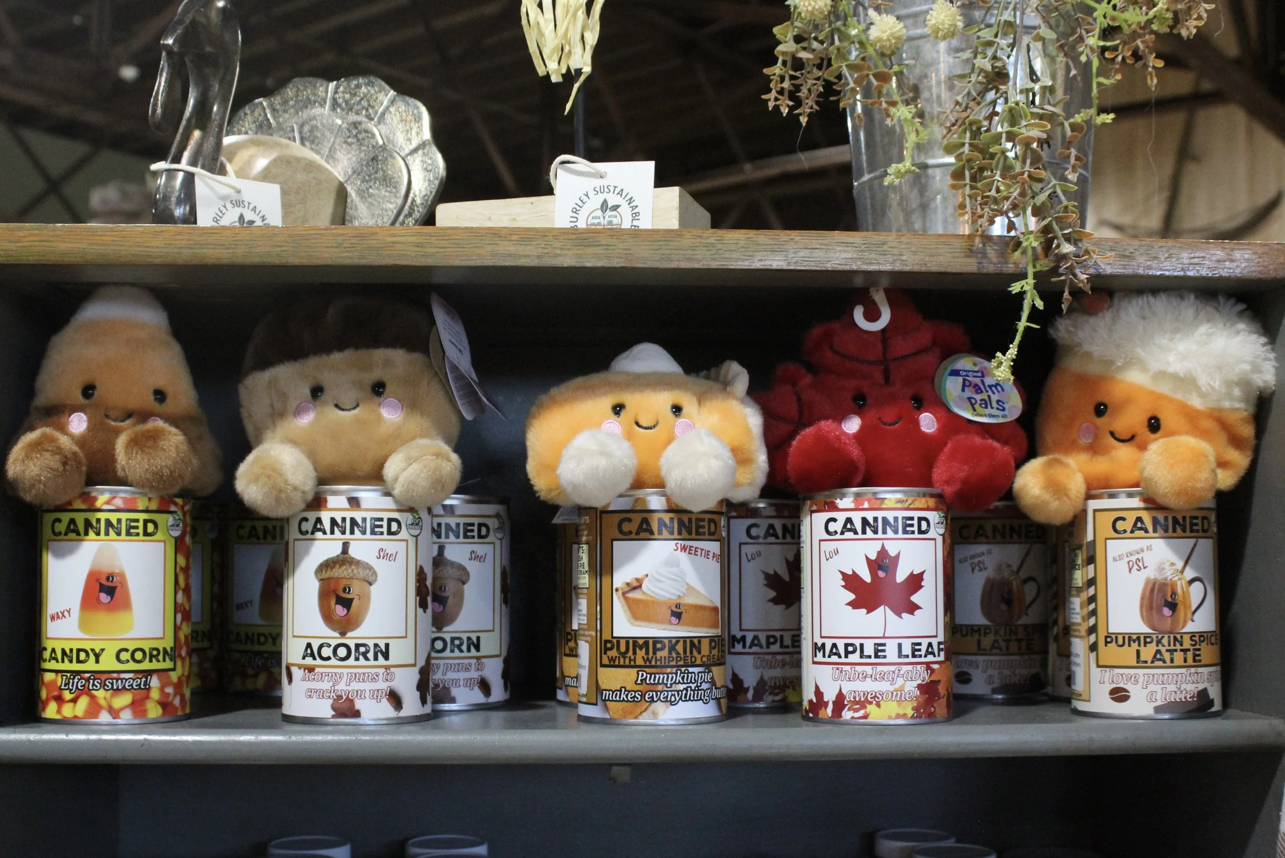 Fall themed canned critters, canned pumpkin spice latte plush toys
