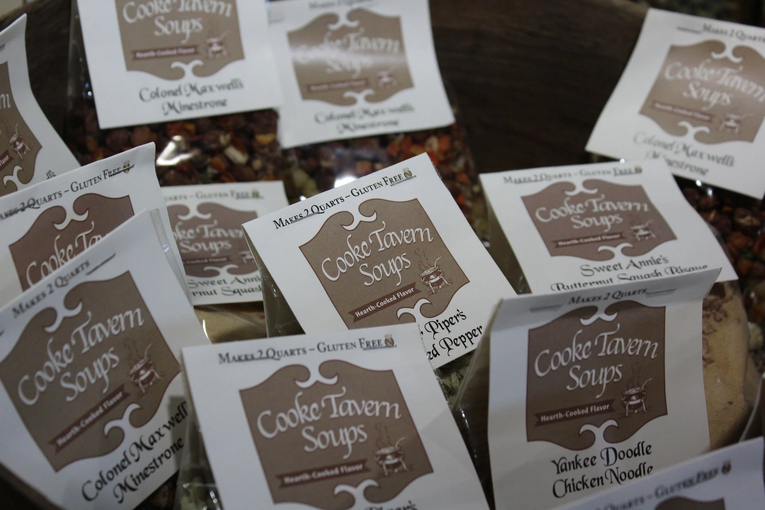 Cooke Tavern Soups displayed,  flavors such as Hearth-Cooked Flavor and Chicken Noodle at Burley Sustainable General Store in West Jefferson, NC.