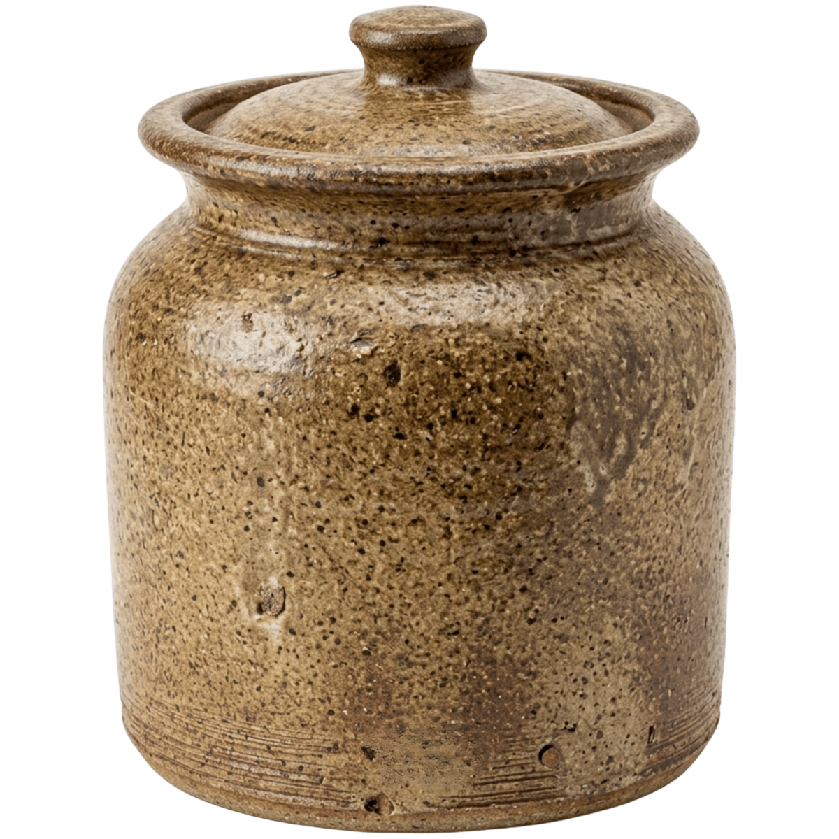 Brown speckled ceramic jar used at the refillery at Burley Sustainable General Store in West Jefferson, NC.