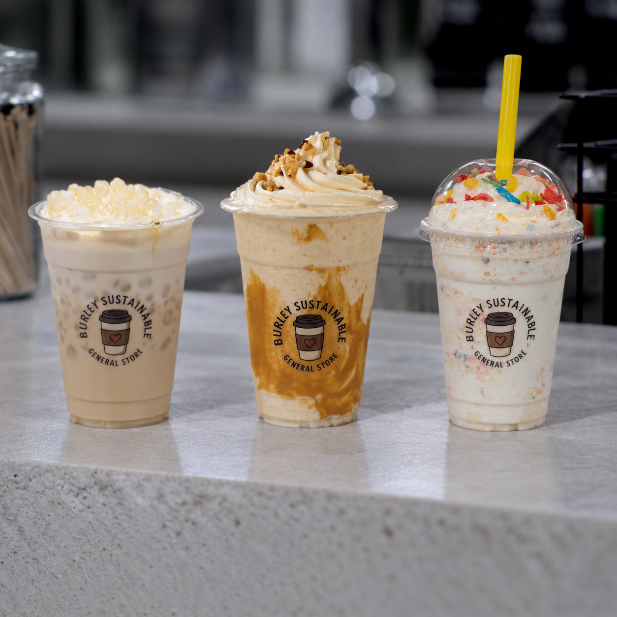Coffee, milkshake, and cream soda at Burley Sustainable General Store in West Jefferson, NC.