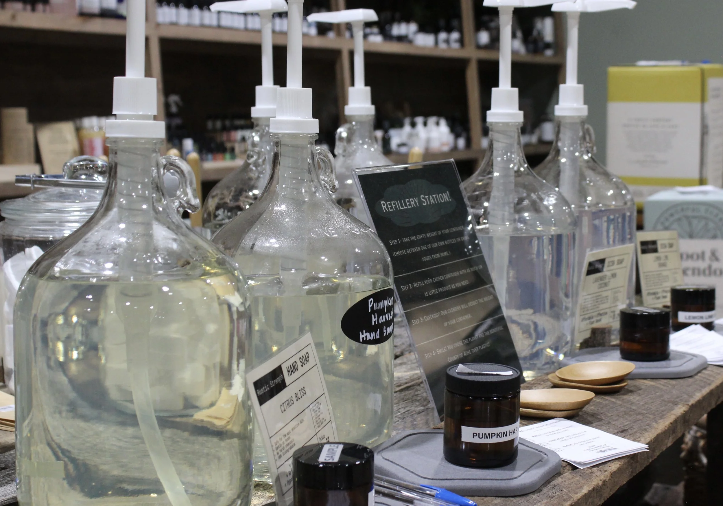 Refill stations for organic and sustainable hand soap at Burley Sustainable General Store in West Jefferson, NC.