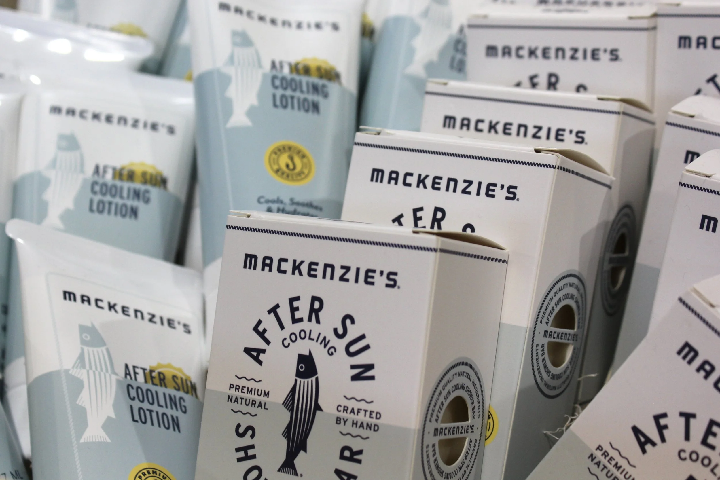 Boxes of Mackenzie’s after sun cooling lotion at Burley Sustainable General Store in West Jefferson, NC.