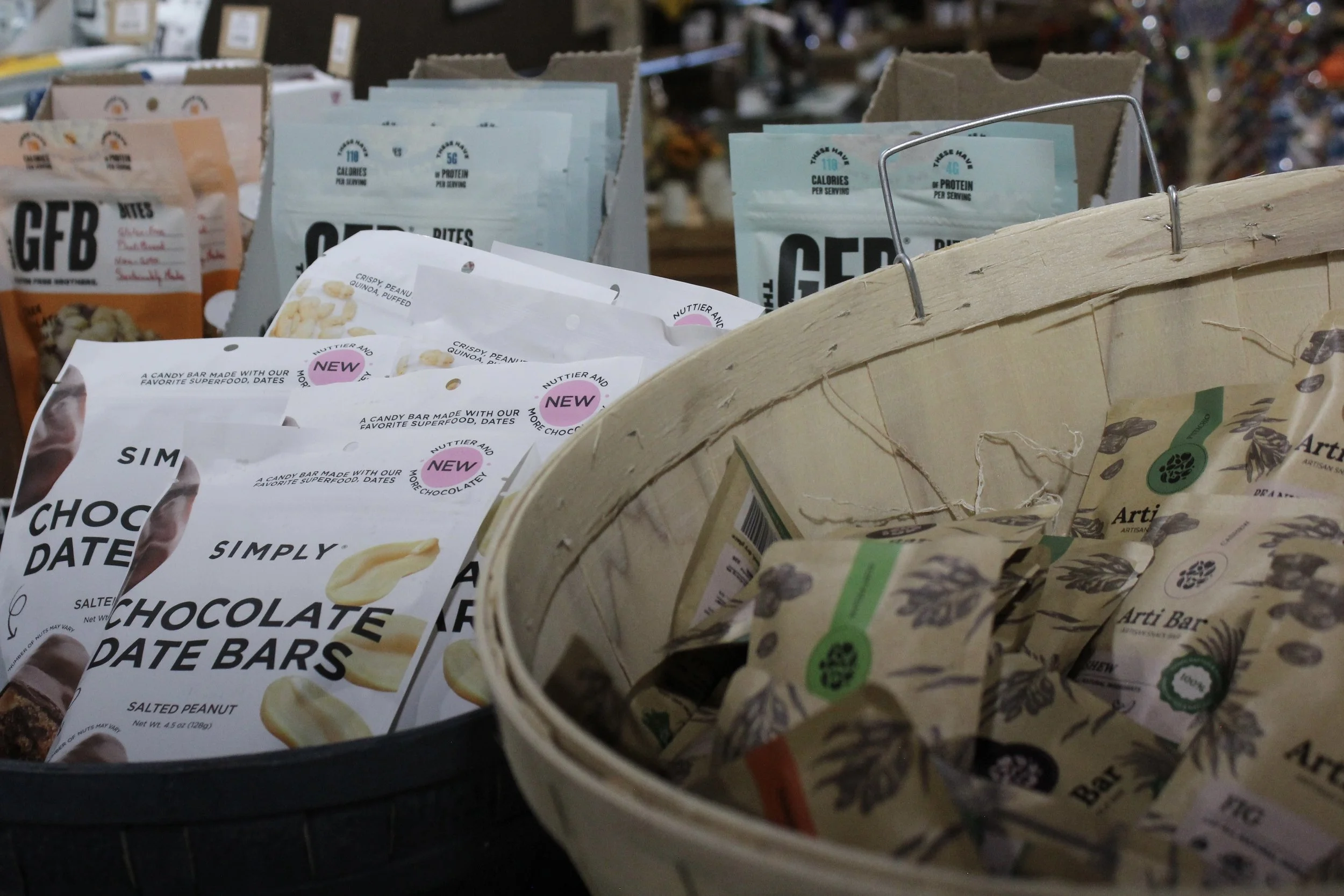 A display of various snack and protein bars at Burley Sustainable General Store in West Jefferson, NC.