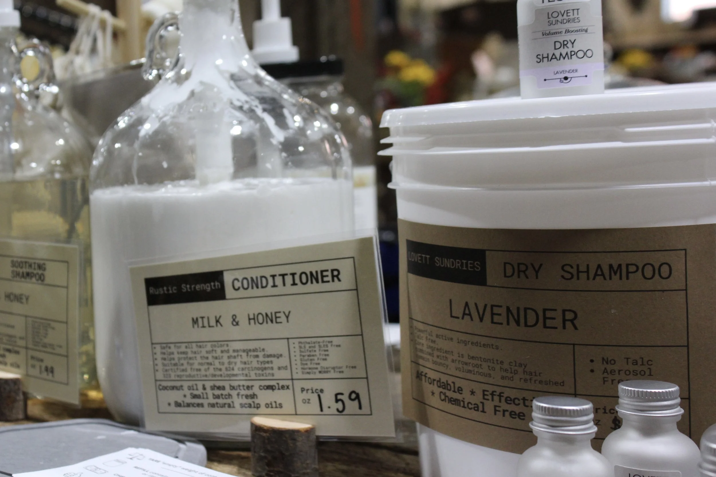 Refillable, natural hair care products, and dry shampoo at Burley Sustainable General Store in West Jefferson, NC.