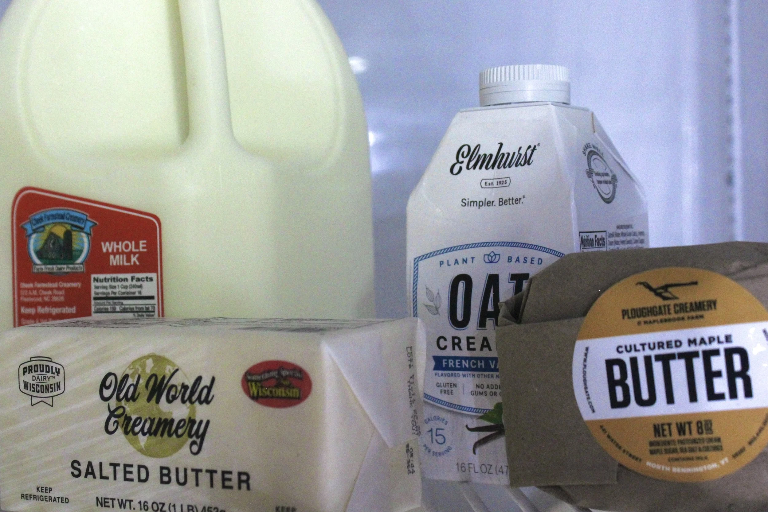 Organic dairy and plant-based food including salted butter, oat creamer, and cultured maple butter at Burley Sustainable General Store in West Jefferson, NC.