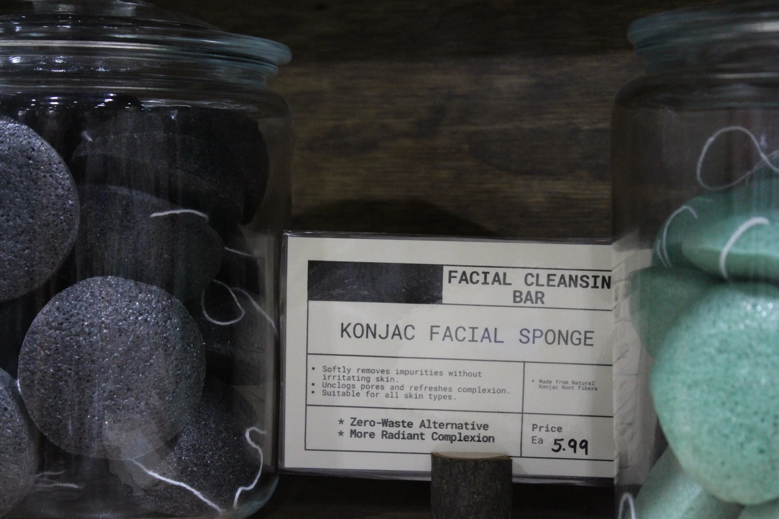 A jar of konjac facial sponges at Burley Sustainable General Store in West Jefferson, NC.