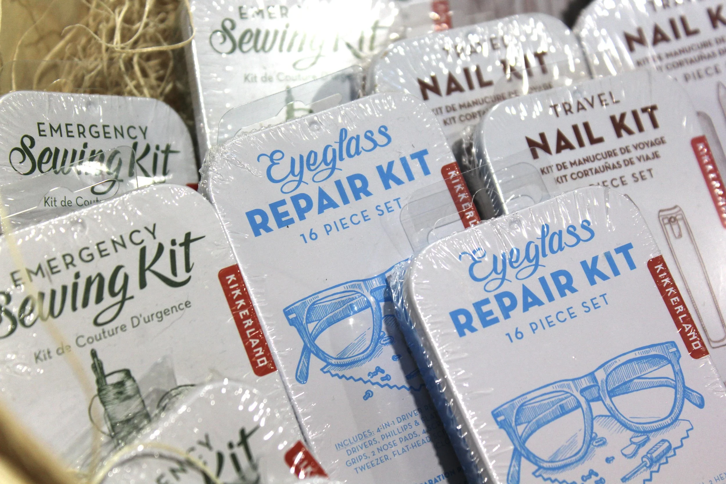 Emergency sewing kits, eye glass repair kits, and travel nail kits.