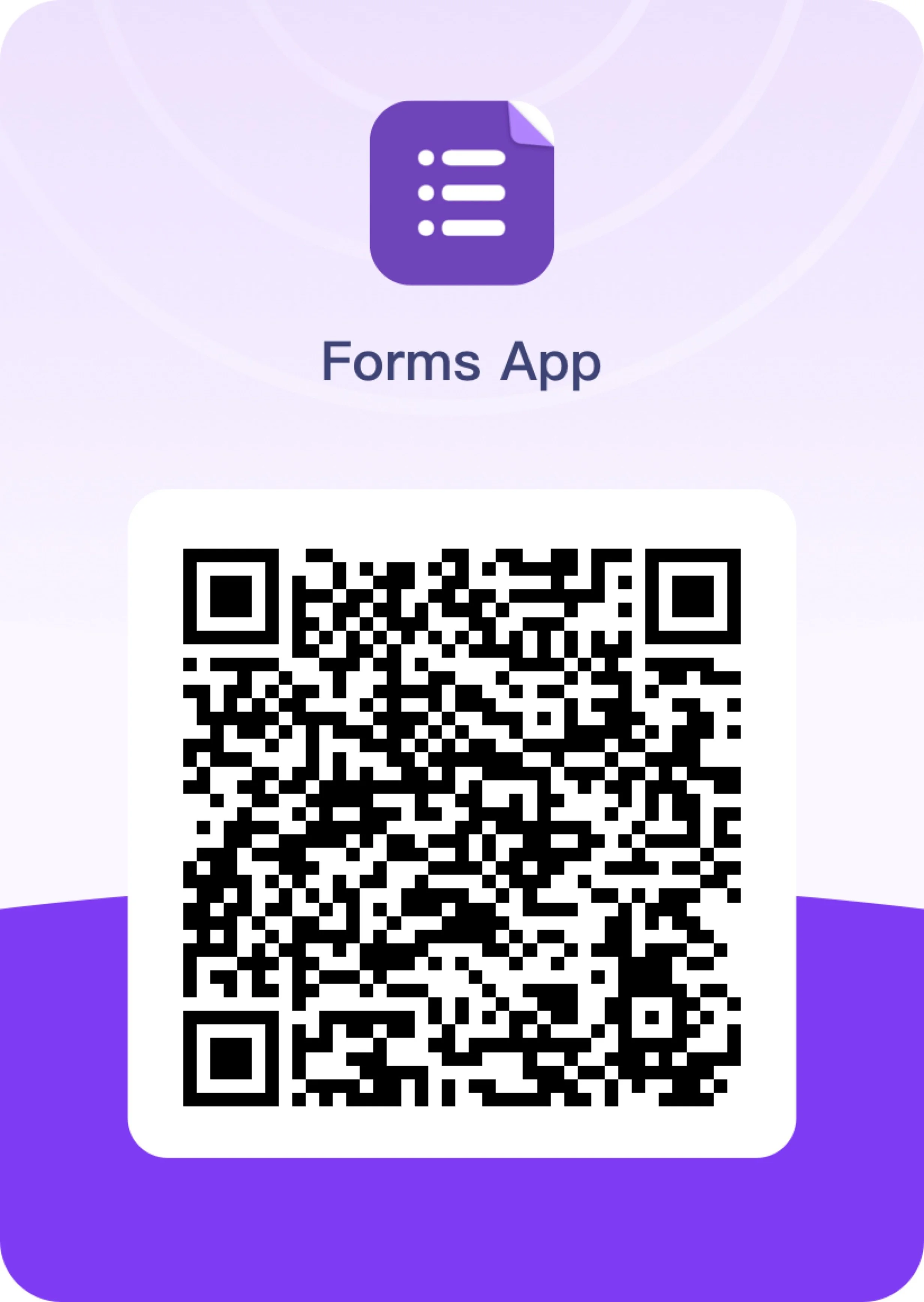 A digital screen displaying a purple app icon with a document and list symbols, and the text "Forms App" below it. There is a QR code in the lower part of the image.