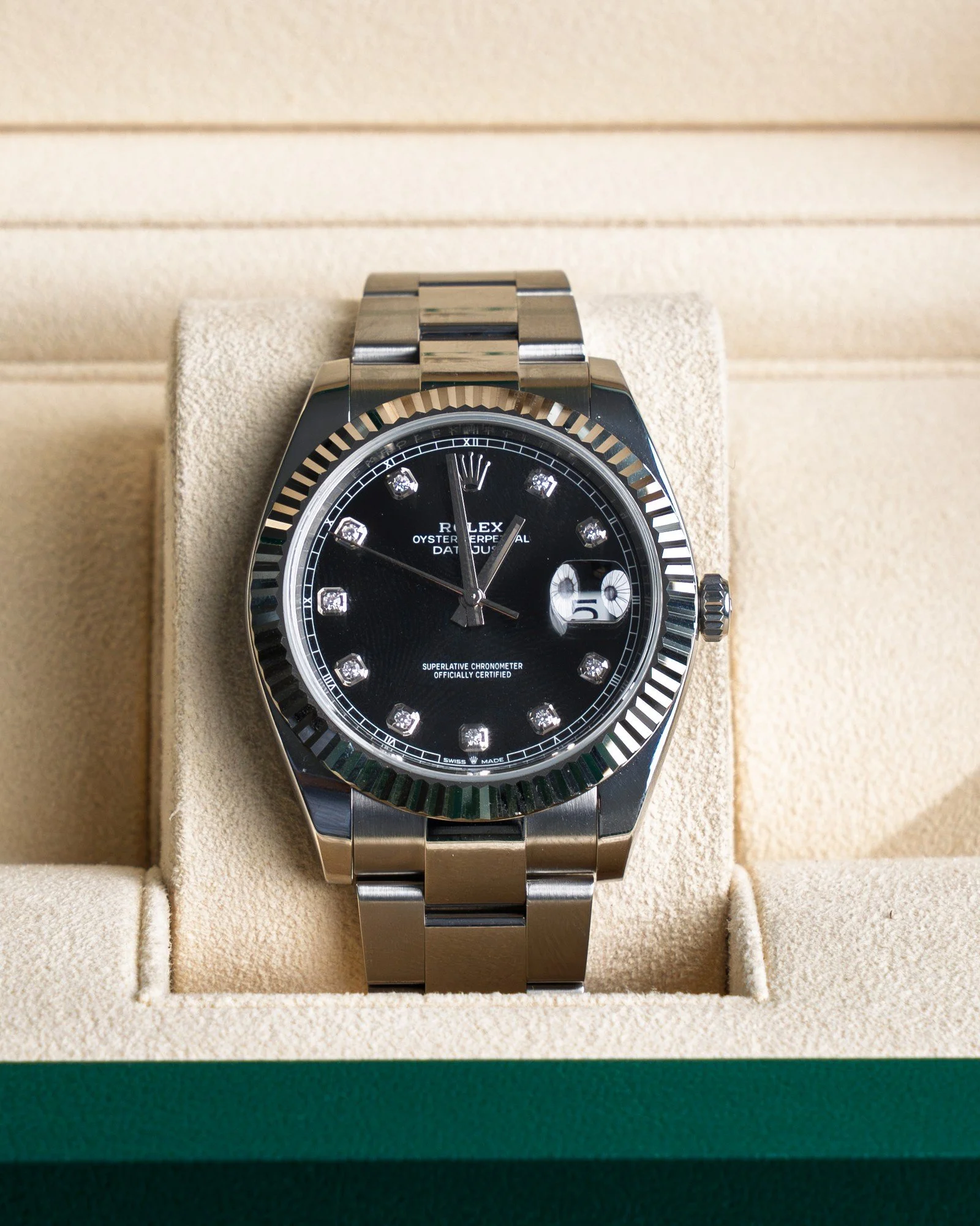 Rolex Datejust 41 – Black Diamond Dial, Fluted Bezel, Oyster (2024)