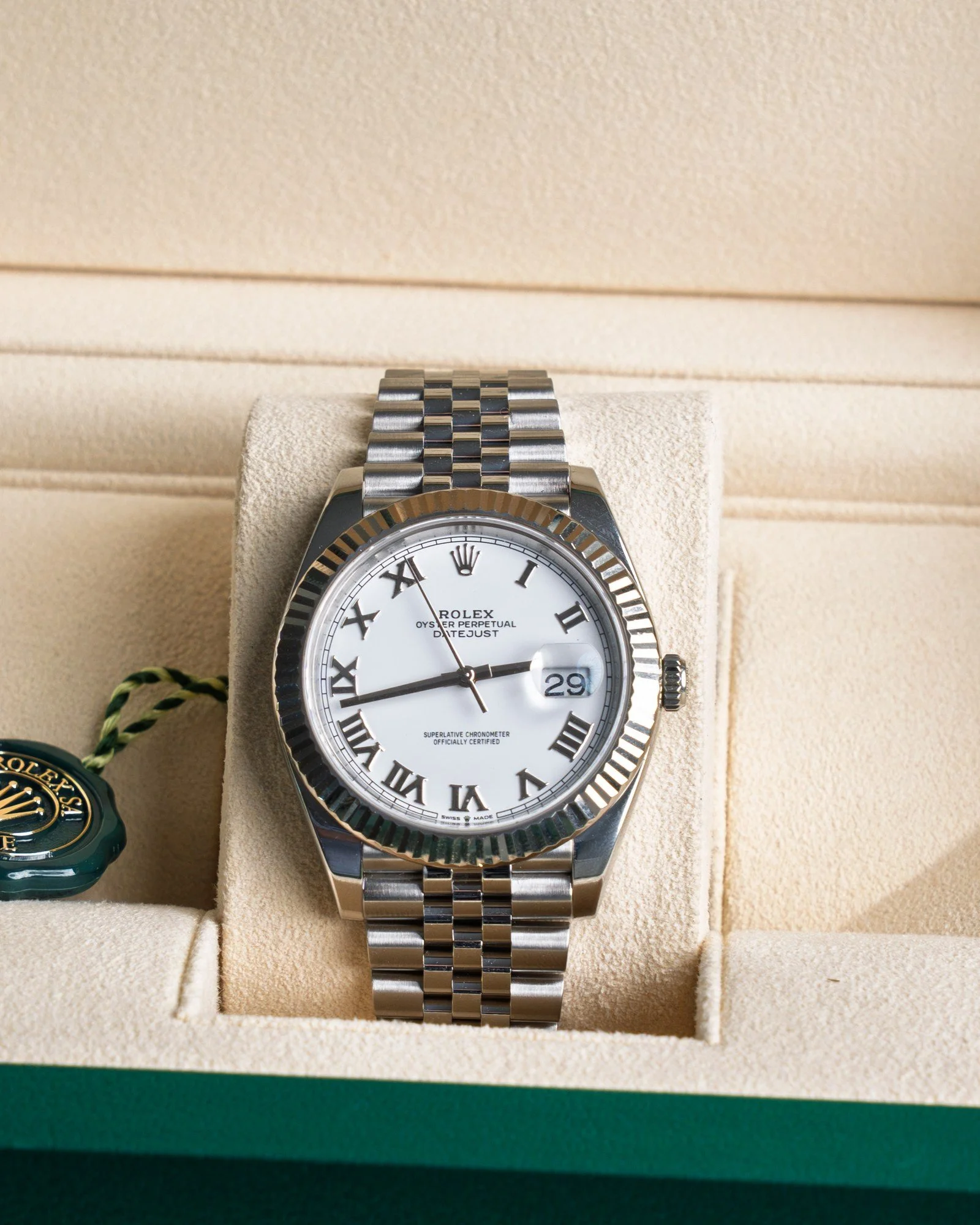 Rolex Datejust 41 – White Roman Dial, Fluted Bezel, Jubilee (2023)